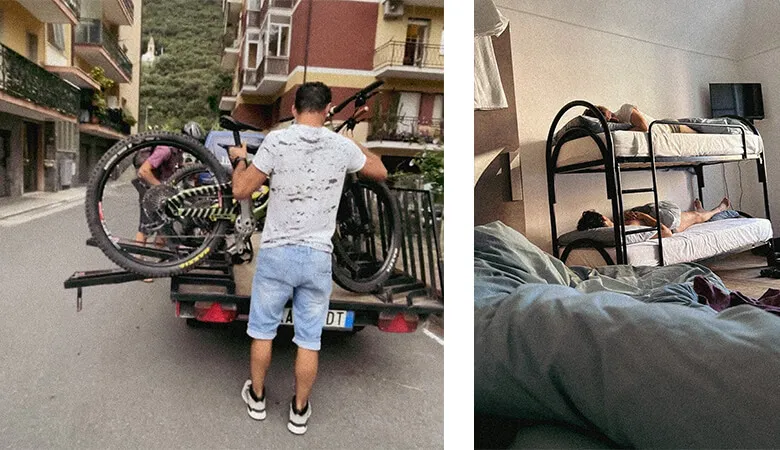 Collage: loading a bike onto a car and a bunk room