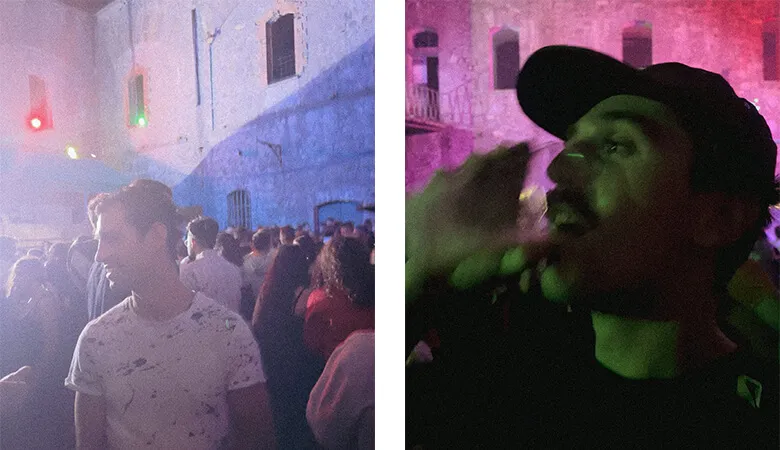 Collage: a crowded party at night