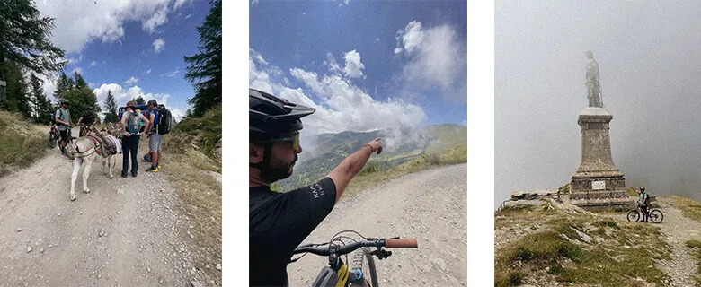Collage: riders on a mountain road and a statue in the fog