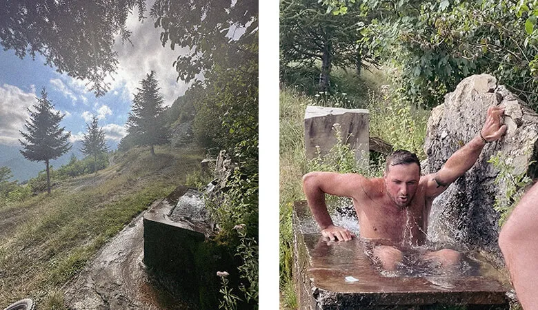 Collage: a rider cooling off in a stone water trough