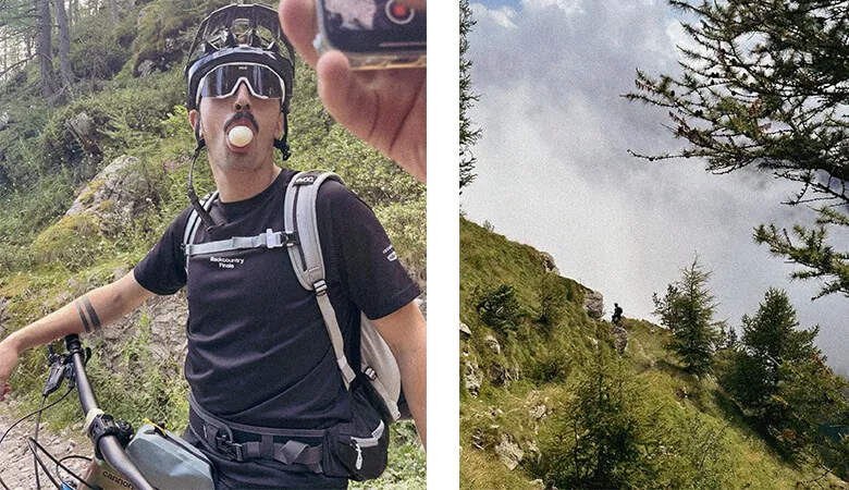 Collage: a rider taking a selfie and a forest view