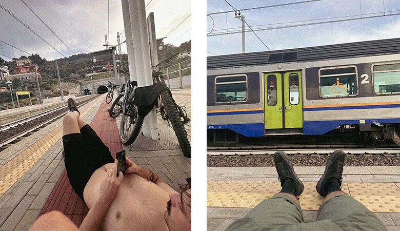 Collage: resting on a station platform and the train home