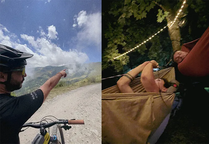 Collage: a rider pointing at the view and a rider resting in a hammock