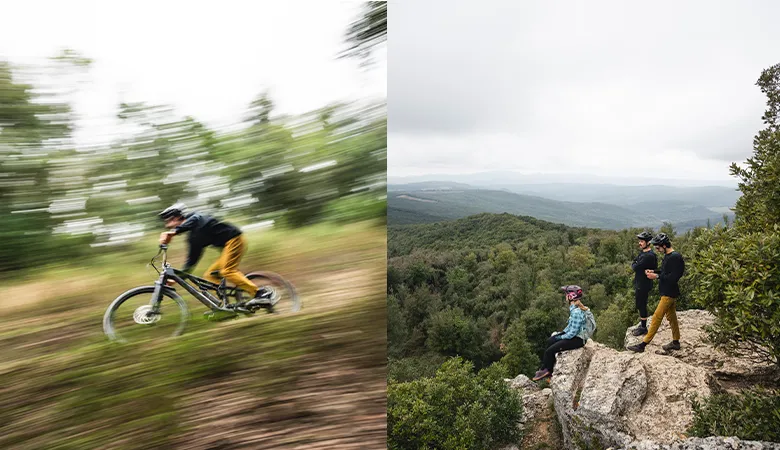 Collage: a rider on a forest trail and riders on a rocky viewpoint