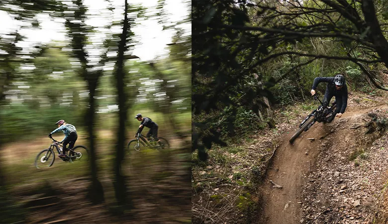 Collage: riders on fast, wooded singletrack