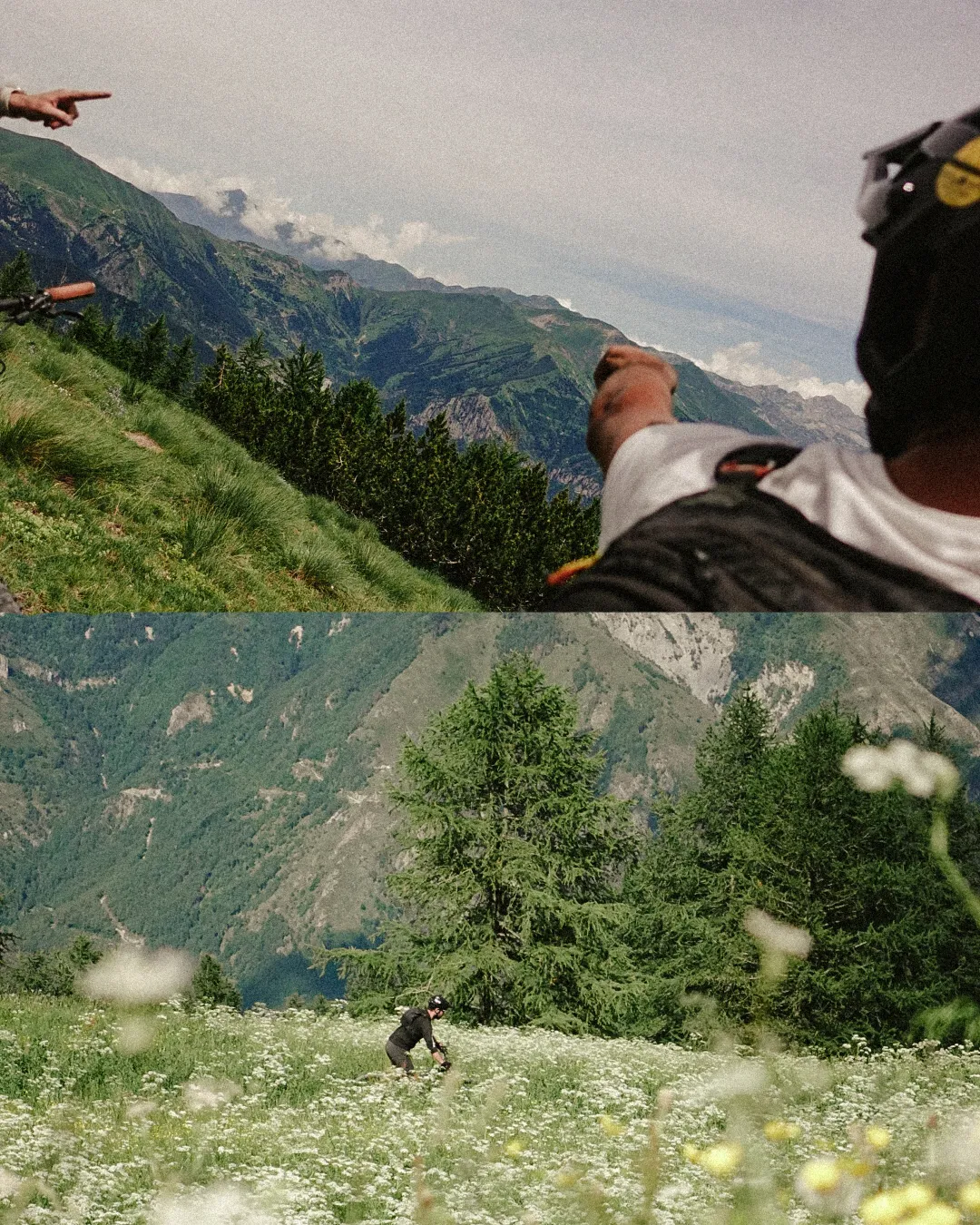 Collage: a rider pointing at the valley and riding through a meadow