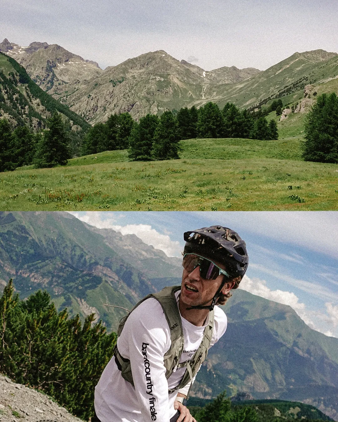 Collage: alpine meadow and a smiling rider in a helmet