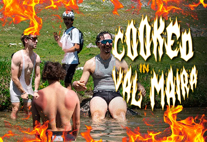 Riders cooling off in a mountain stream under the “Cooked in Val Maira” title